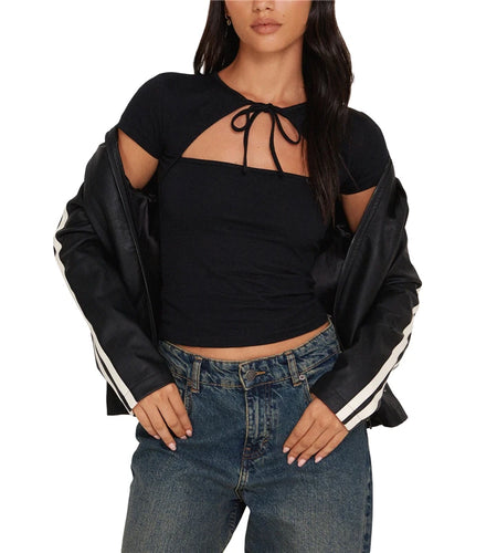 y2k Crop Tops 2000s Clothes Women Basic Hollow Out Short Sleeve Tie-up T Shirt Casual Vest Grunge Clothing Streetwear