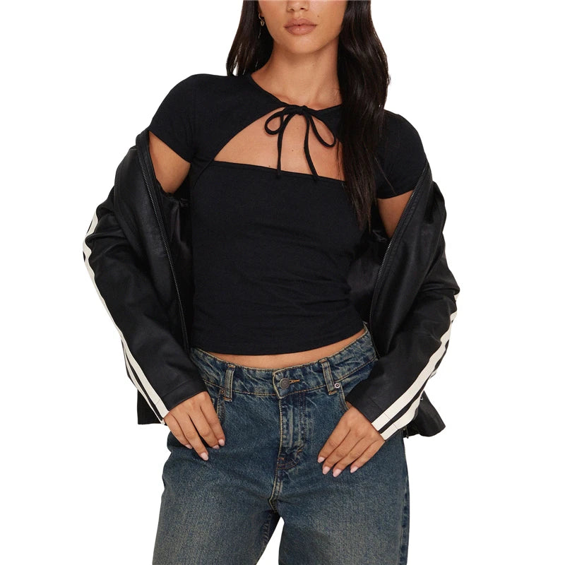 y2k Crop Tops 2000s Clothes Women Basic Hollow Out Short Sleeve Tie-up T Shirt Casual Vest Grunge Clothing Streetwear