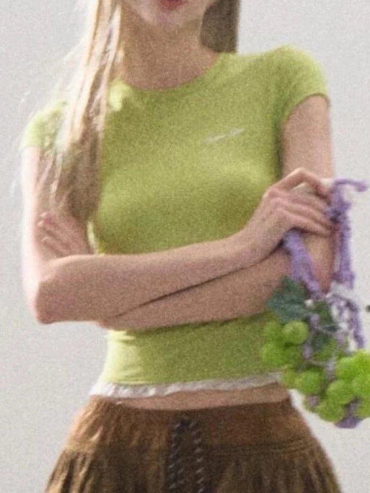 2025 Harajuku Fake Two Pieces T-shirt Women Y2k Aesthetic Lace Patchwork Grunge Tees Streetwear Summer Slim Fit Casual Tshirts