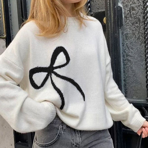 Load image into Gallery viewer, Fashion Bow Pattern Loose Autumn Sweater for Women Round Neck Knitted Pullover Casual Winter Jumpers Korean Cute Tops
