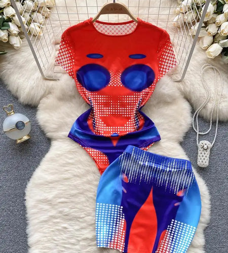 Women Fashion Red Blue Patchwork Print O Neck Short Sleeves Slim Bodysuits+ Elastic Waist Mini Skirts Y2k Retro Two Pieces Suits