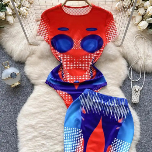 Load image into Gallery viewer, Women Fashion Red Blue Patchwork Print O Neck Short Sleeves Slim Bodysuits+ Elastic Waist Mini Skirts Y2k Retro Two Pieces Suits
