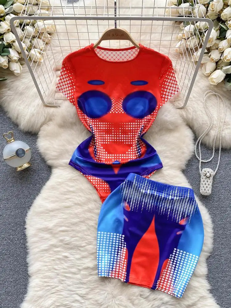 Women Fashion Red Blue Patchwork Print O Neck Short Sleeves Slim Bodysuits+ Elastic Waist Mini Skirts Y2k Retro Two Pieces Suits