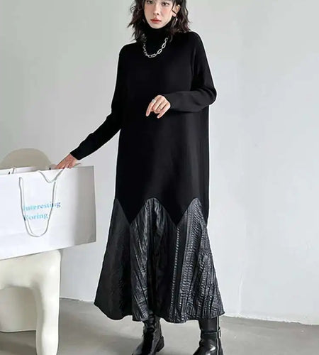 Women Black Knitting Pleated Big Size Long Dress New Turtleneck Long Sleeve Fashion Tide Spring Autumn 2025 1DH1599