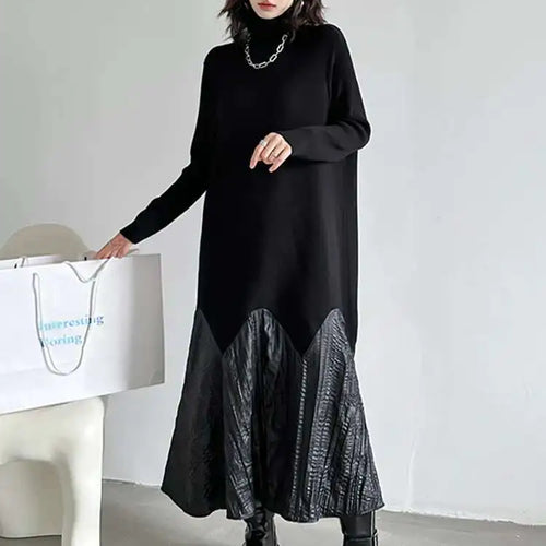 Load image into Gallery viewer, Women Black Knitting Pleated Big Size Long Dress New Turtleneck Long Sleeve Fashion Tide Spring Autumn 2025 1DH1599
