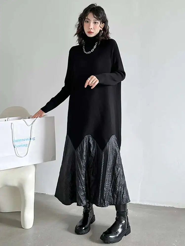 Women Black Knitting Pleated Big Size Long Dress New Turtleneck Long Sleeve Fashion Tide Spring Autumn 2025 1DH1599