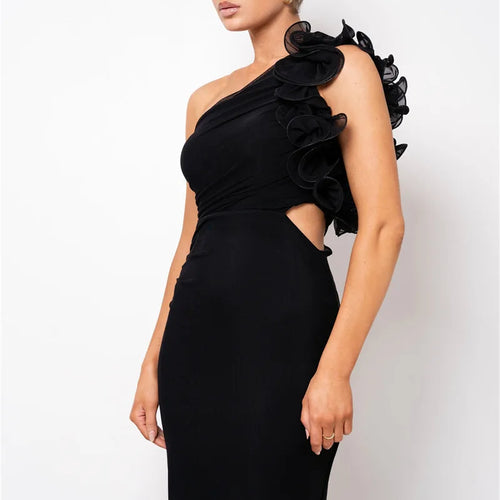 Load image into Gallery viewer, Shoulder Floral Mesh Ruched Sexy Maxi Dress For Women Gown Oblique Shoulder Sleeveless Backless Bodycon Long Dress
