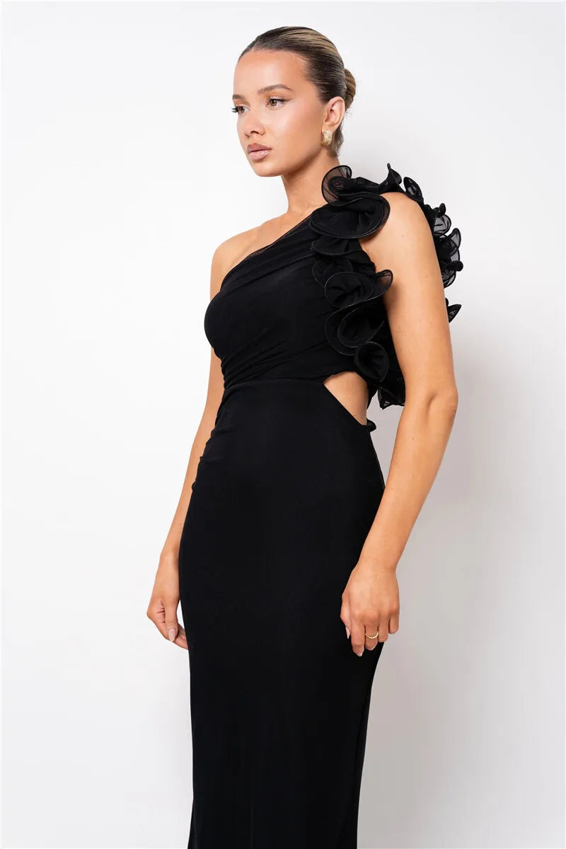 Shoulder Floral Mesh Ruched Sexy Maxi Dress For Women Gown Oblique Shoulder Sleeveless Backless Bodycon Long Dress