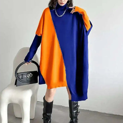 Load image into Gallery viewer, Women Gray Color-block Big Size Irregular Knitting Dress New Turtleneck Long Sleeve Fashion Spring Autumn 2025 1DH6561
