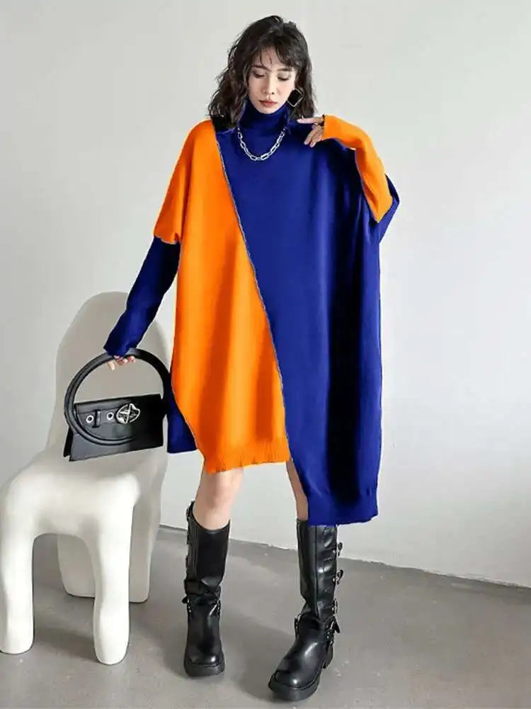 Women Gray Color-block Big Size Irregular Knitting Dress New Turtleneck Long Sleeve Fashion Spring Autumn 2025 1DH6561
