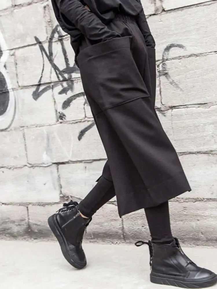 High Elastic Waist Black Pockets Iregular Pants New Loose Fit Trousers Women Fashion Tide Spring Autumn 2025 1DF4638