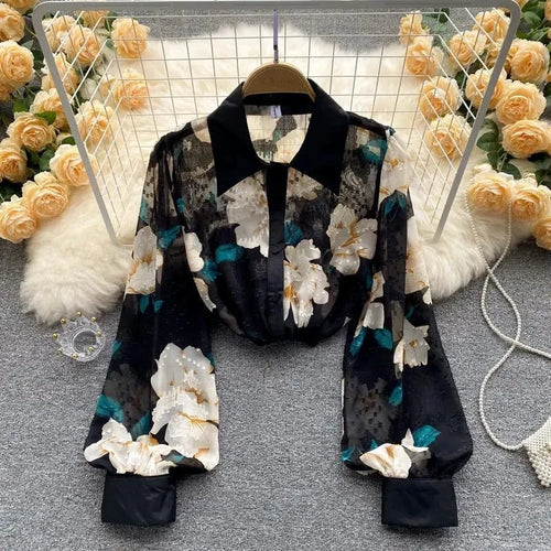 Load image into Gallery viewer, Fashion Print Shirt or Women Long Sleeve Turn Down Collar Korean Fashion Blouse Laides Vintage Button Up Casual Top
