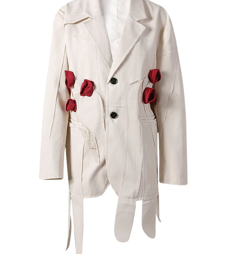 Women Beige Flower Ribbon Big Size Vintage Blazer New Lapel Long Sleeve Jacket Fashion Tide Spring Autumn 2025  CPG2872