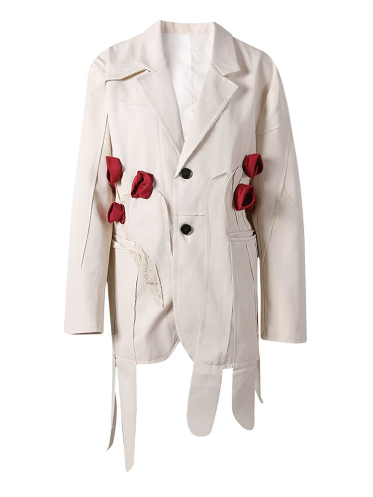 Women Beige Flower Ribbon Big Size Vintage Blazer New Lapel Long Sleeve Jacket Fashion Tide Spring Autumn 2025  CPG2872