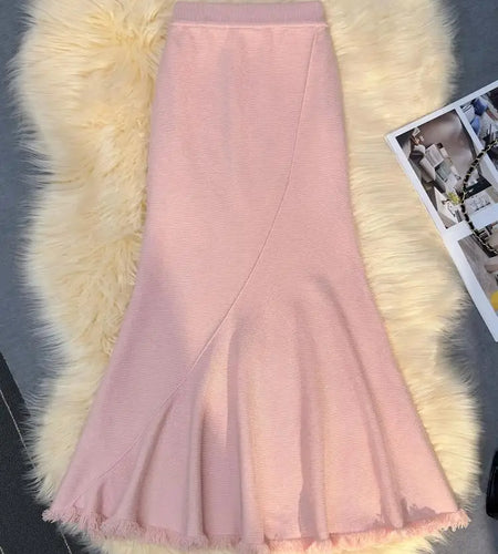 Korean Version Black Beige Tassel Elegant Knit Pleated Long Skirt Women Autumn Winter Pink High Waist Wrap Hip Fishtail Skirts