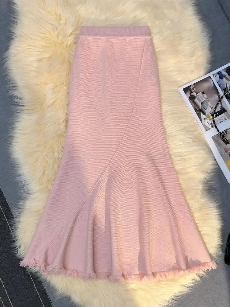 Korean Version Black Beige Tassel Elegant Knit Pleated Long Skirt Women Autumn Winter Pink High Waist Wrap Hip Fishtail Skirts
