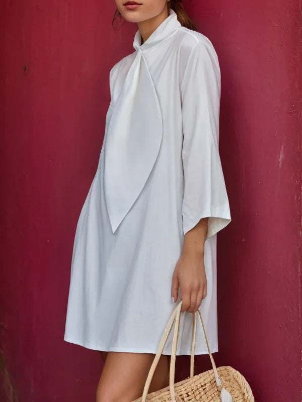 Summer Cotton Tie Neck Mini Dress for Women 2025 New Elegant Three-quarter Sleeves Simple Shirt Dresses Outfits Woman