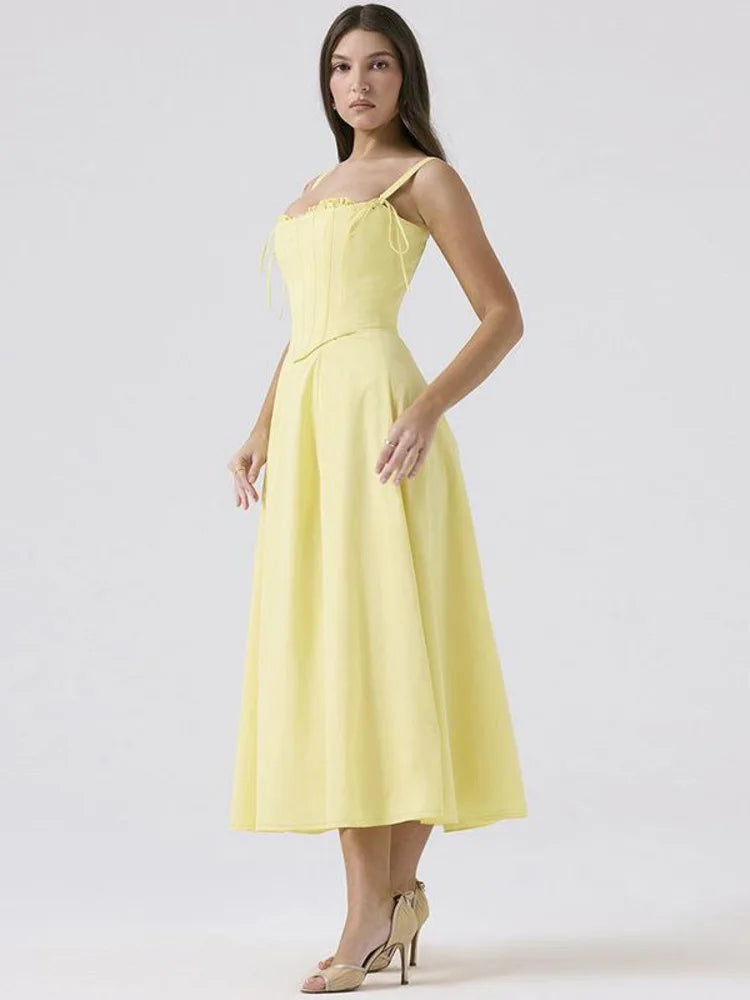 Elegant Spaghetti Strap Body Long Dress Women Set Fishbone Tight Sexy Bareback Summer 2024 Split Strap Set Evening Dress