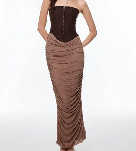 Hit Color Slimming Spliced Folds Sexy Dresses for Women Strapless Sleeveless Tunic Long Dress Female Clothing New