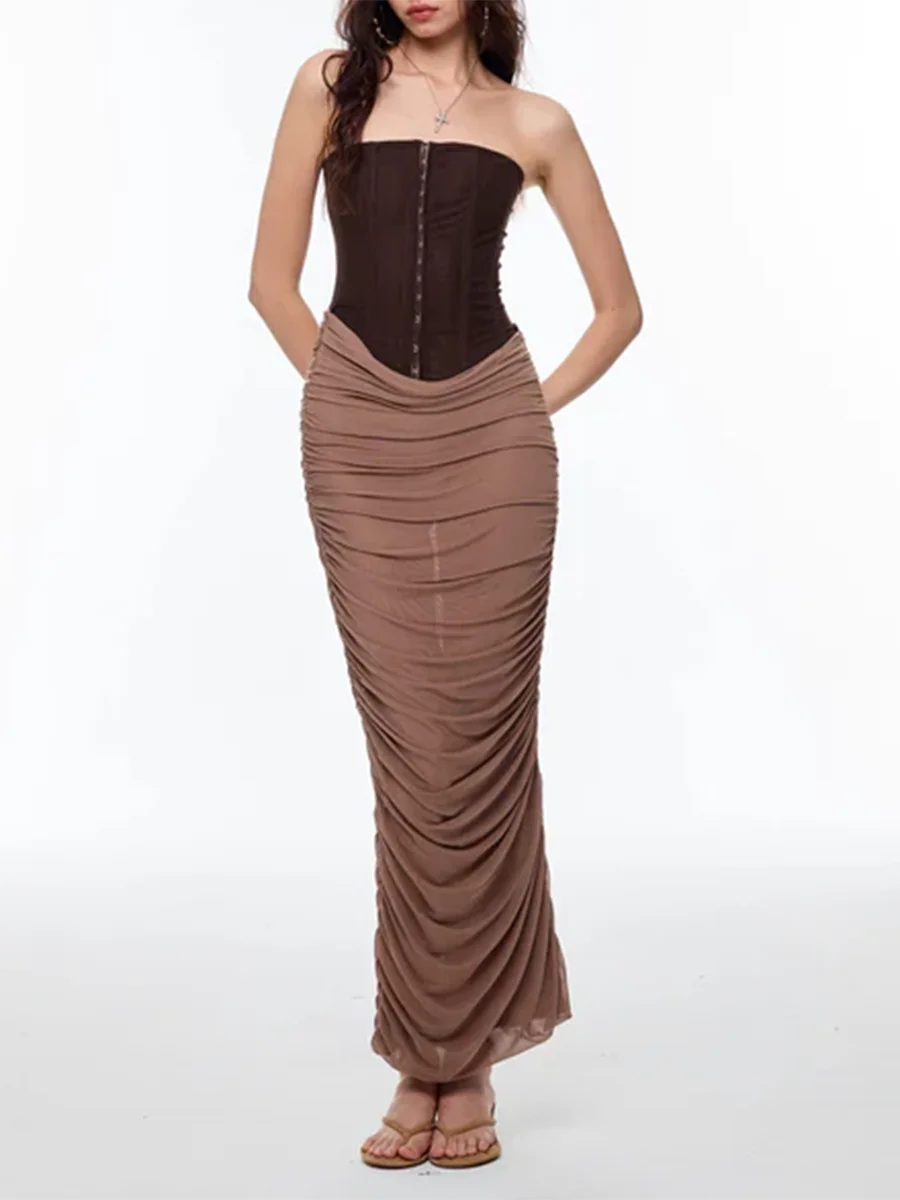 Hit Color Slimming Spliced Folds Sexy Dresses for Women Strapless Sleeveless Tunic Long Dress Female Clothing New