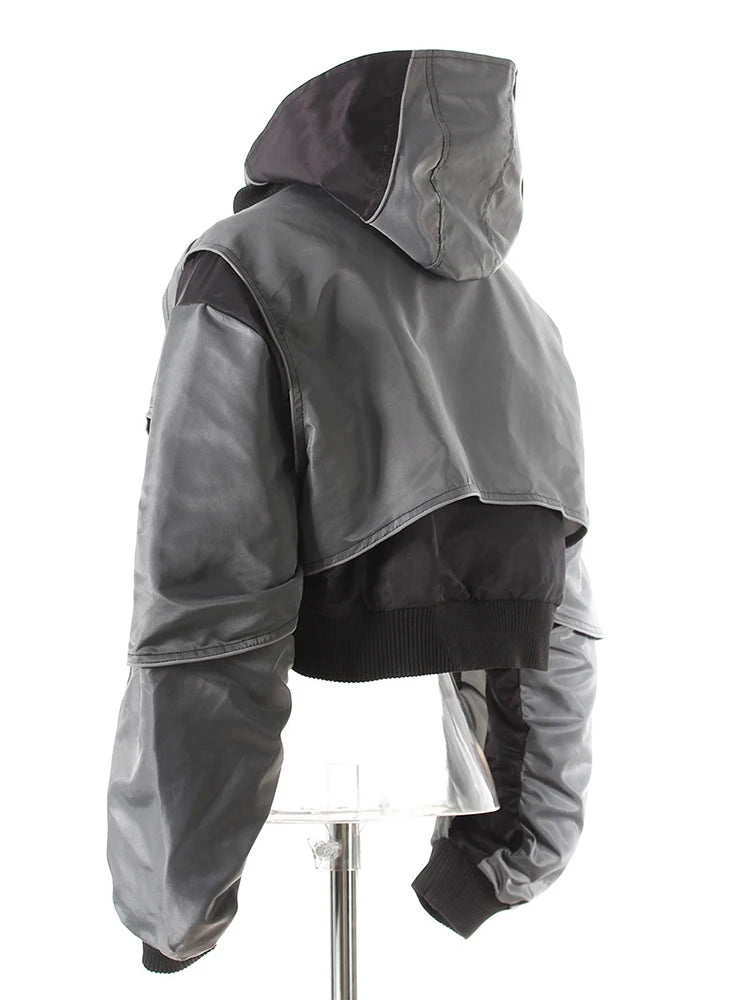 Gray Color-block Pleated Big Size Short Jacket New Hooded Long Sleeve Women Coat Fashion Tide Spring Autumn 2025  7AB4742