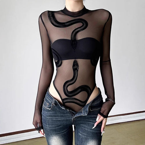 Load image into Gallery viewer, Summer Y2k Aesthetic Gauze Embroidery Snake Jumpsuits Streetwear Vintage Sexy Tshirts Women Grunge Half High Collar T-shirs
