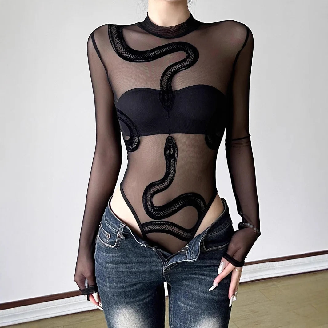 Summer Y2k Aesthetic Gauze Embroidery Snake Jumpsuits Streetwear Vintage Sexy Tshirts Women Grunge Half High Collar T-shirs
