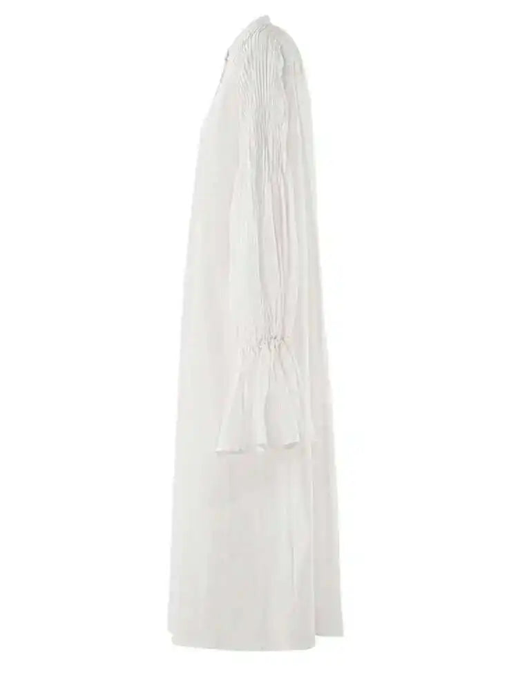 Women White Big Size Elegant Shirt Dress New Stand Collar Long Flare Sleeve Fashion Tide Spring Autumn 2025 CPDB216