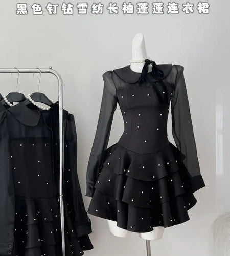 Autumn Vintage Black Dot Elegant Festival Long Sleeve Mini Dresses French Women Evening Party Pleated Short Dress Fashion Ladies