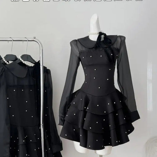 Load image into Gallery viewer, Autumn Vintage Black Dot Elegant Festival Long Sleeve Mini Dresses French Women Evening Party Pleated Short Dress Fashion Ladies
