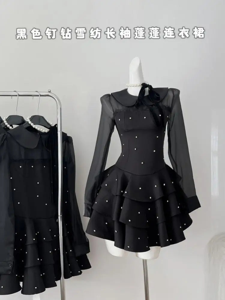 Autumn Vintage Black Dot Elegant Festival Long Sleeve Mini Dresses French Women Evening Party Pleated Short Dress Fashion Ladies
