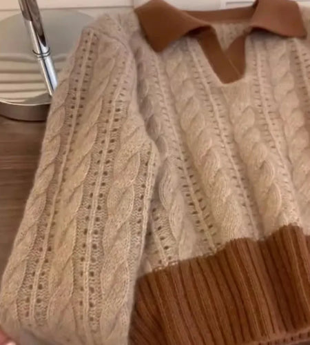Autumn Winter Brown Patchwork Cotton Short Sweater Women Korean Elegent Long Sleeve Fashion Holiday Knitted Pullover Tops Trendy