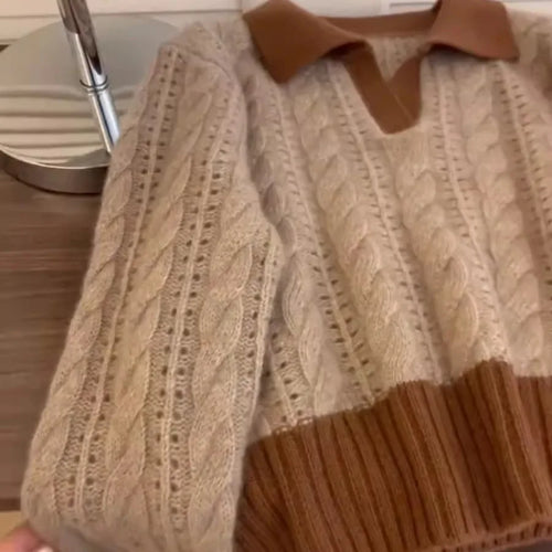 Load image into Gallery viewer, Autumn Winter Brown Patchwork Cotton Short Sweater Women Korean Elegent Long Sleeve Fashion Holiday Knitted Pullover Tops Trendy
