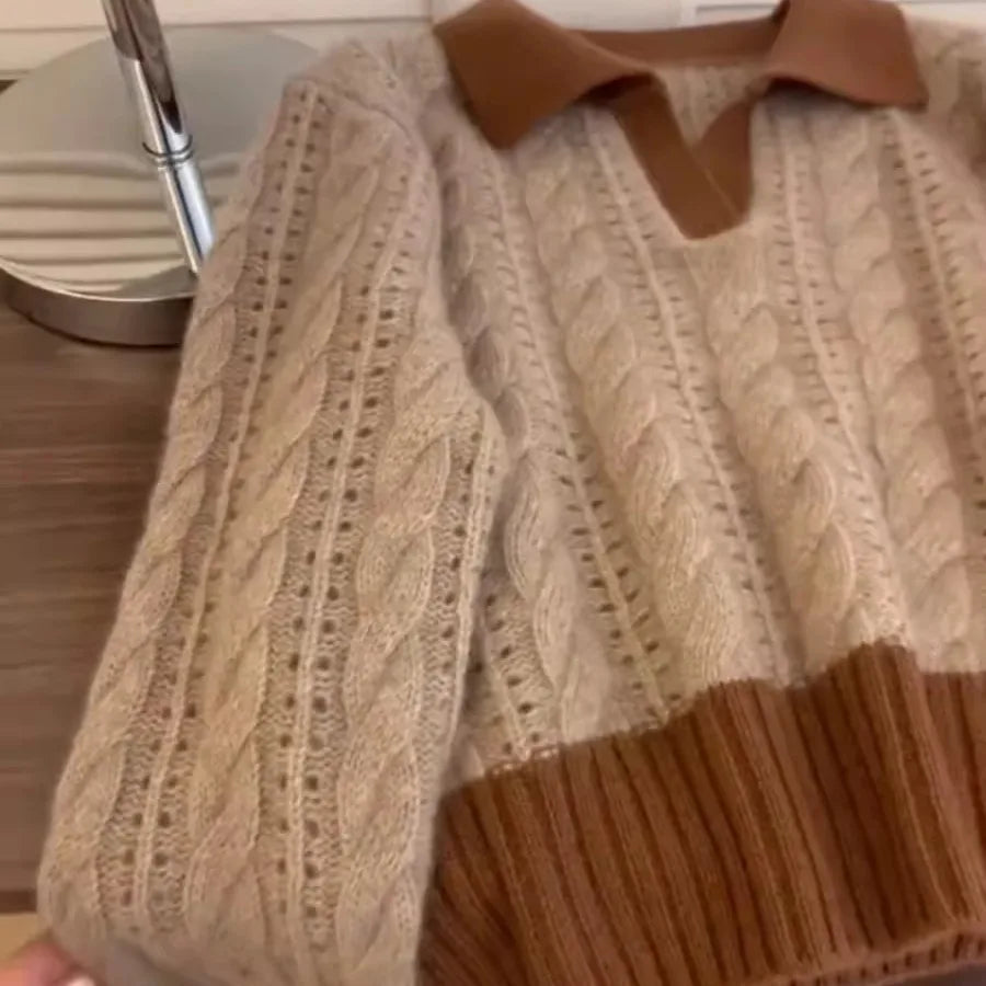 Autumn Winter Brown Patchwork Cotton Short Sweater Women Korean Elegent Long Sleeve Fashion Holiday Knitted Pullover Tops Trendy