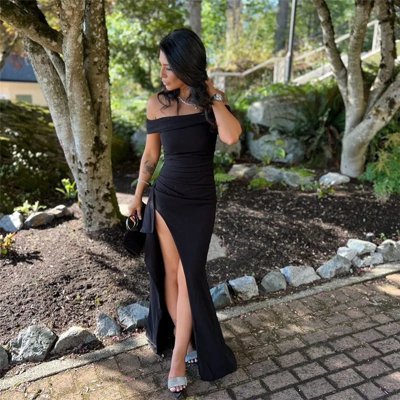 Elegant Off-shoulder High Split Maxi Dress Women Fashion Strapless Sleeveless Backless Bodycon Club Party Sexy Dress