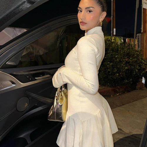 Load image into Gallery viewer, Half High Collar Long Sleeve Knit Mini Dress For Women Autumn Winter New Solid High Waist Pleated Knit Sweater Dress
