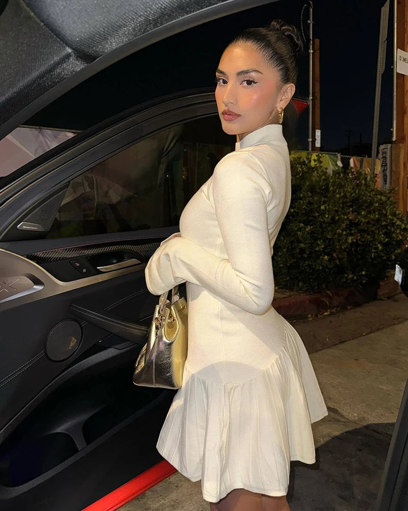 Half High Collar Long Sleeve Knit Mini Dress For Women Autumn Winter New Solid High Waist Pleated Knit Sweater Dress