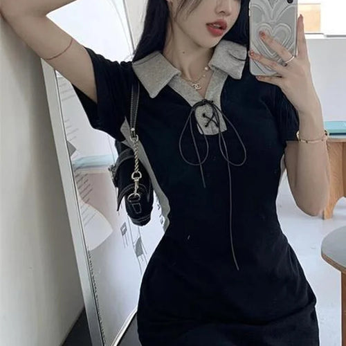 Load image into Gallery viewer, Korean Bodycon Tshirt Dress Women Casual Wrap Polo Collar Short Sleeve Dresses Summer Kpop Streetwear Design
