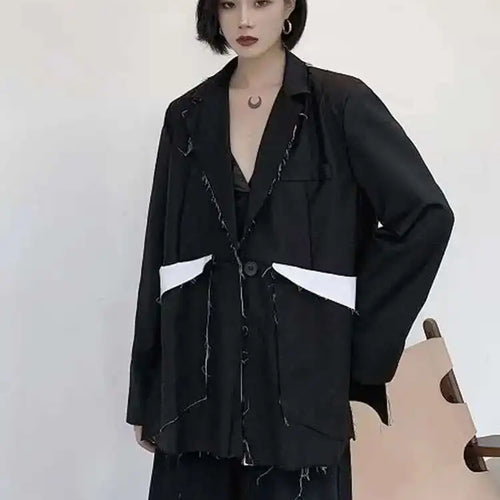 Load image into Gallery viewer, Women Black Color-block Burr Big Size Blazer New Lapel Long Sleeve Loose Fit Jacket Fashion Spring Autumn 2025 1DF1116
