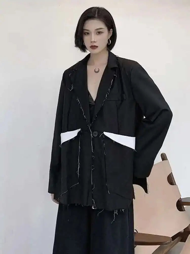 Women Black Color-block Burr Big Size Blazer New Lapel Long Sleeve Loose Fit Jacket Fashion Spring Autumn 2025 1DF1116