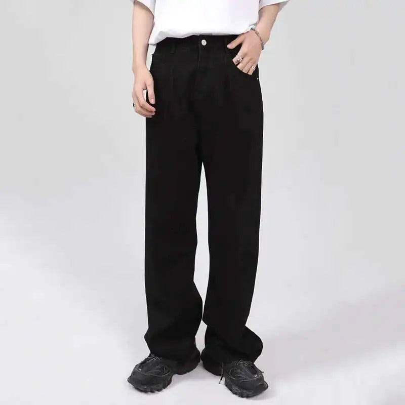 Minimalist Men Denim Pants Droop Solid Color Washed Casual Straight Wide Leg Korean Style Male Loose Jeans Menswear 9C7863