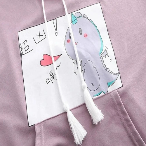 Load image into Gallery viewer, Women Dinosaur Print Funny Hooded Sweatshirts With Pocket Spring Short Sleeve Cotton Hoodies Harajuku Pullovers Tracksuit
