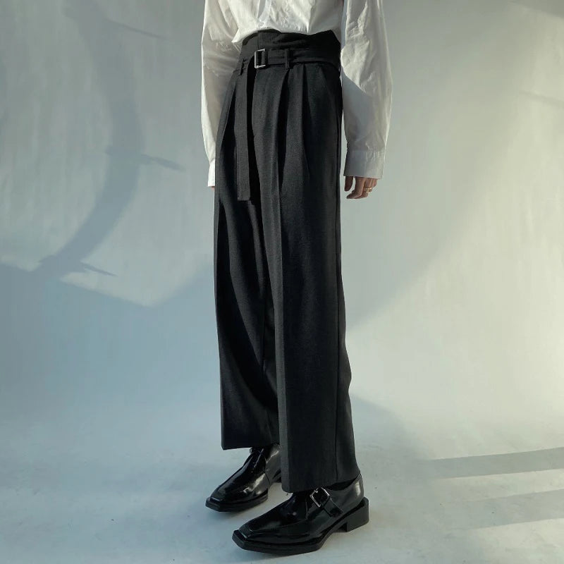 Simple Men's Suit Pants Pleated Belt Solid Color Droop High Waist Trousers Straight Wide Leg Loose Male Bottom New 9C9238
