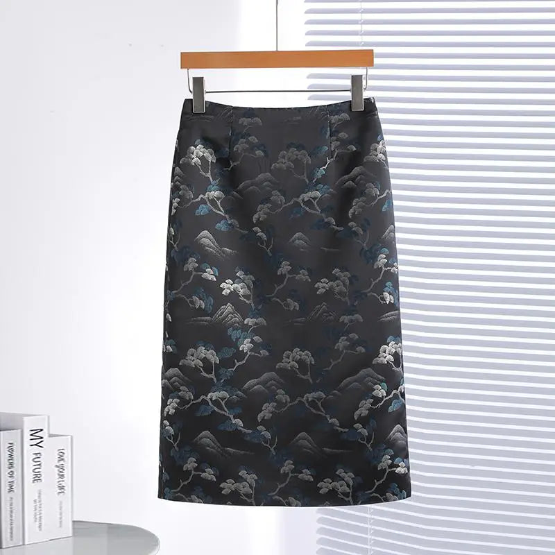 Korean Fashion Retro Women Black Flower High Waist Midi Skirt Spring Summer Elegant Vacation Party Long Skirts New Popular Trend