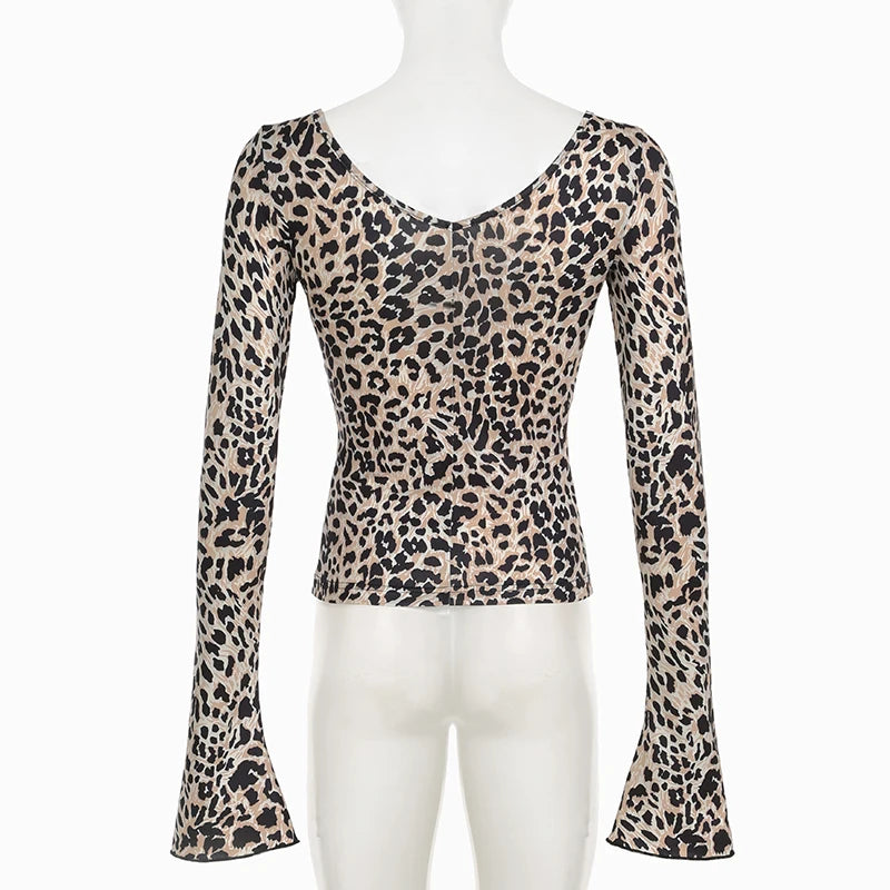 Vintage Leopard Deep V-neck Bodycon T-shirt Women Sexy Flared Sleeve Slim Party Y2K Autumn Top Outfits Elegant 2000s