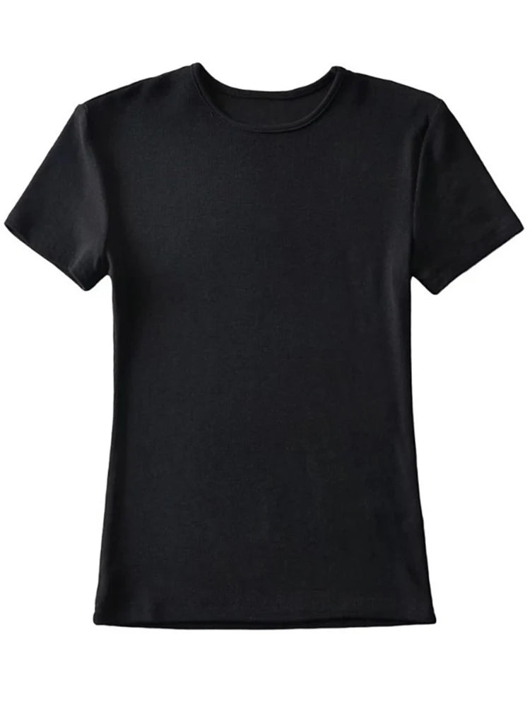 Casual Summer Woman Skinny Fit T-shirt Tight Short-Sleeve O-neck Tee Basic Solid Crop Tops T Shirt