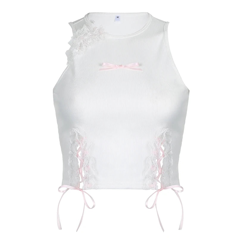 Cutecore Coquette Bow Summer Tank Top Skinny Korean Vest Short Lace Spliced Crop Tops Lolita Tie Up Kawaii Tee Ruched