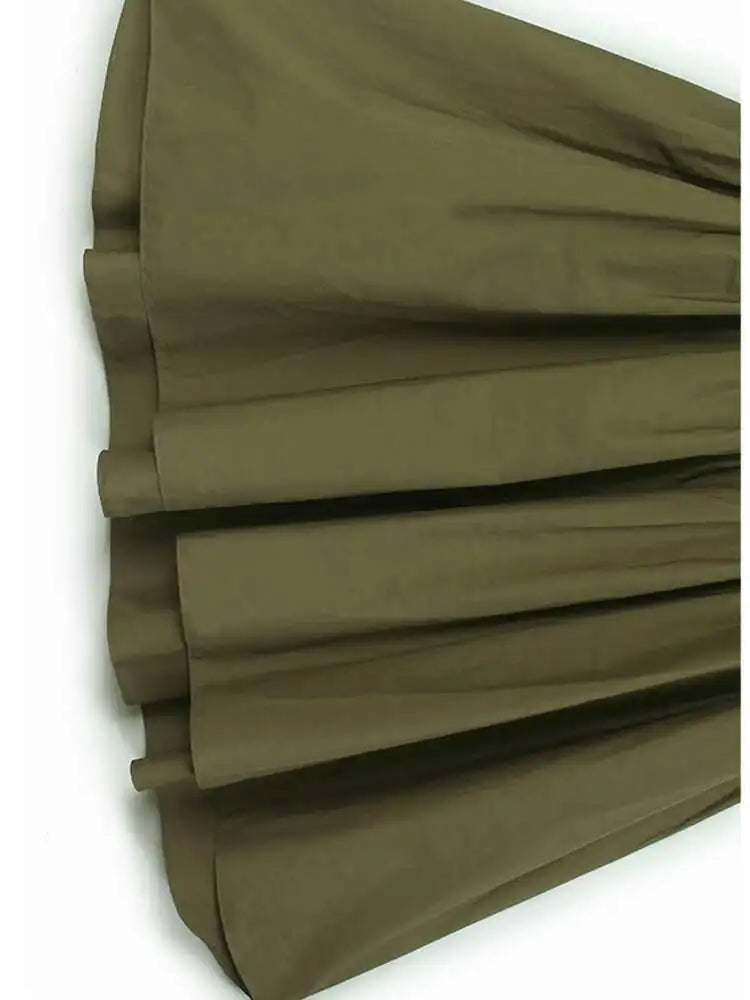 Women Army Green Pleated Hem Big Size Midi Dress New Round Neck Short Sleeve Fashion Tide Spring Summer 2025 1DJ0781