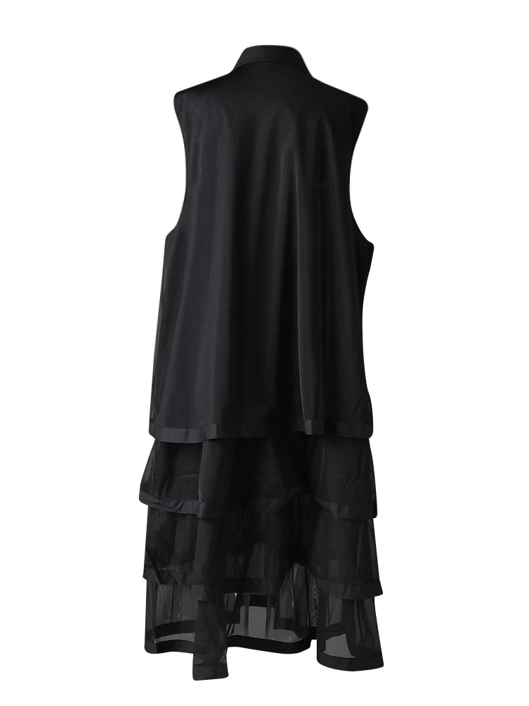 Women Black Layers Mesh Big Size Midi Vest Shirt Dress New Lapel Sleeveless Fashion Tide Spring Summer 2025 1DH9472