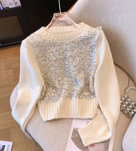 Women Sweet Sequins Short Sweater Casual Autumn Winter Basics Knitted Korean Loose O-neck Long Sleeve Elegance Pullover Tops New